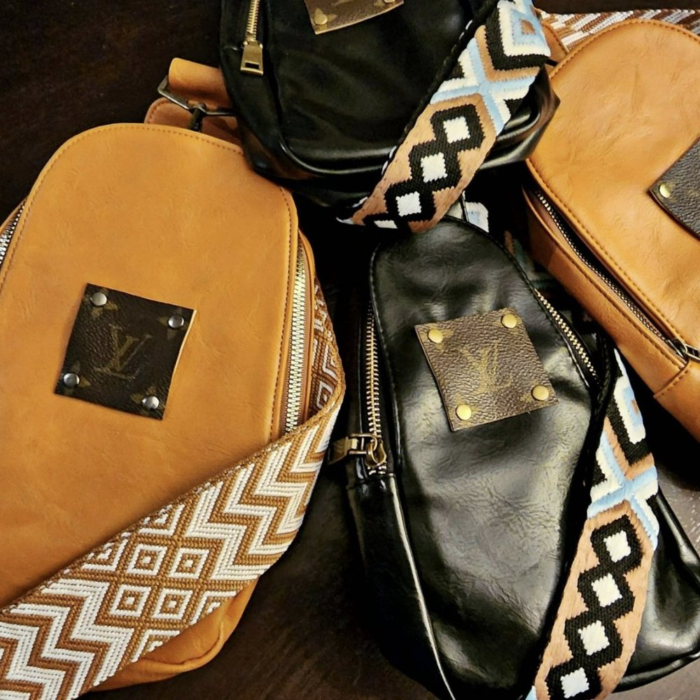 LV Leather Patch on Vegan Leather Crossbody Daypack with Woven Strap - Picture 2 of 4